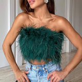 Damen trägerloses Bandeau Top mit Federbesatz und kurzer Länge – Dunkelgrün