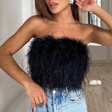 Damen trägerloses Bandeau Top mit Federbesatz und kurzer Länge – Schwarz