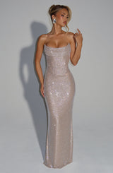 Damen Trägerloses Maxikleid mit Cowl Ausschnitt und Rhinestone Besatz – Beige