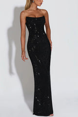 Damen Trägerloses Maxikleid mit Cowl Ausschnitt und Rhinestone Besatz – Schwarz