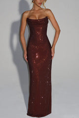 Damen Trägerloses Maxikleid mit Cowl Ausschnitt und Rhinestone Besatz – Weinrot