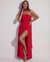 Damen Trägerloses Maxikleid mit Halsschal Herzausschnitt Schnürung am Rücken und Seitenschlitz – Rot