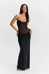 Damen Trägerloses Maxikleid mit Knotenverzierungen und transparentem Mesh-Einsatz – Schwarz