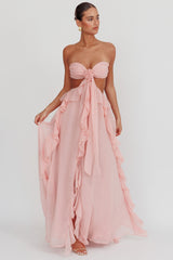 Damen Trägerloses Maxikleid mit Taillenausschnitt Rüschenrock und Rosettenapplikation – Rosa