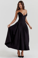 Damen Trägerloses Midi Kleid mit Herzausschnitt und ausgestelltem Glockenrock – Schwarz