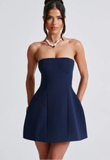 Damen Trägerloses Minikleid mit Paneelnähten und Ausgestelltem Rock – Marineblau