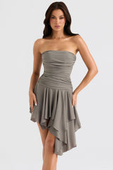 Damen Trägerloses Minikleid mit Raffung asymmetrischem Saum und Volantrock – Grau