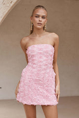 Damen Trägerloses Minikleid mit Rosettenapplikationen am gesamten Kleid – Rosa