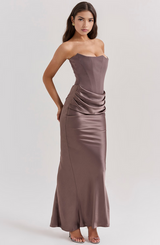 Damen trägerloses langes Kleid mit drapiertem Taillenpanel – Braun