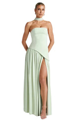 Damen trägerloses Maxikleid mit asymmetrischer Taille und Schlitz – Hellgrün