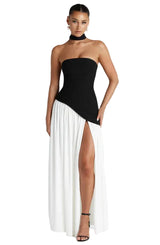 Damen trägerloses Maxikleid mit asymmetrischer Taille und Schlitz – Schwarz