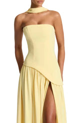 Damen trägerloses Maxikleid mit asymmetrischer Taille und Schlitz – Gelb