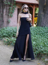 Damen trägerloses Maxikleid mit Halstuch-Element und Schlitzrock – Schwarz