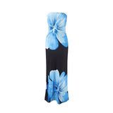 Damen Trägerloses Säulenkleid mit Großen Blumenmotiven – Schwarz/Blau