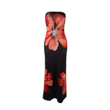 Damen Trägerloses Säulenkleid mit Großen Blumenmotiven – Schwarz/Rot