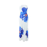 Damen Trägerloses Säulenkleid mit Großen Blumenmotiven – Weiß/Blau