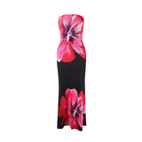 Damen Trägerloses Säulenkleid mit Großen Blumenmotiven – Schwarz/Rosa