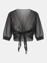 Damen transparente Kurzbluse mit Bindung vorne und kurzen Ärmeln – Schwarz