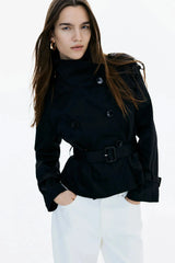 Damen Trenchcoat mit hohem Kragen und Taillengürtel – Schwarz