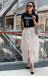 Damen Tüllrock mit Mehrlagigen Volants und Elastischem Bund – Hellbeige