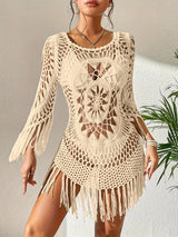 Damen Überwurf mit Lochmuster, Rundhalsausschnitt und Fransensaum – Beige