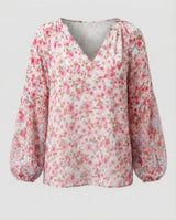 Damen V-Ausschnitt Bluse mit Blumenmuster und langen Ärmeln – Rosa