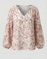 Damen V-Ausschnitt Bluse mit Blumenmuster und langen Ärmeln – Braun