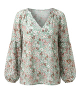 Damen V-Ausschnitt Bluse mit Blumenmuster und langen Ärmeln – Grün