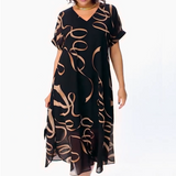 Damen V-Ausschnitt Midi Kleid mit Flattersärmeln und Schleifen-Druck – Schwarz
