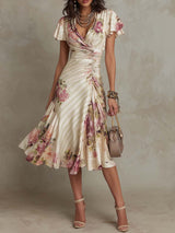 Damen V-Ausschnitt Midi Kleid mit Rüschenärmeln und Blumenprint – Creme mit Blumenprint