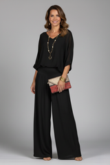 Damen V-Ausschnitt Oberteil und Weite Hose Set – Schwarz