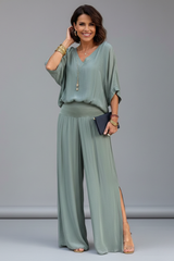 Damen V-Ausschnitt Oberteil und Weite Hose Set – Mintgrün