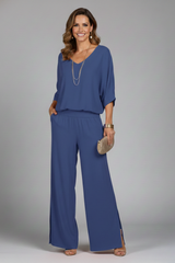 Damen V-Ausschnitt Oberteil und Weite Hose Set – Blau
