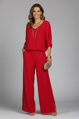 Damen V-Ausschnitt Oberteil und Weite Hose Set – Rot