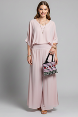 Damen V-Ausschnitt Oberteil und Weite Hose Set – Rosa