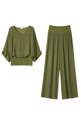 Damen V-Ausschnitt Oberteil und Weite Hose Set – Grün