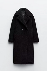 Langer Teddy Mantel Damen – Schwarz