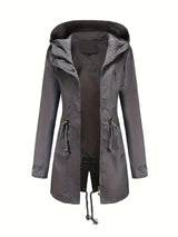 Damen Wasserdichter Trenchcoat mit Kapuze und Taschen – Grau