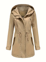 Damen Wasserdichter Trenchcoat mit Kapuze und Taschen – Beige