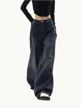 Damen Weite Hose aus Denim mit Mittlerer Bundhöhe Knopfverschluss und Vordertaschen – Dunkelblau