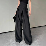 Damen Weite Hose mit Hohem Bund Gekreuztem Bundband und Bundfalten – Schwarz