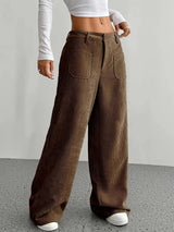 Damen Weite Hose mit Hohem Bund Knopfverschluss und Aufgesetzten Taschen – Braun
