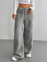 Damen Weite Hose mit Hohem Bund Knopfverschluss und Aufgesetzten Taschen – Grau