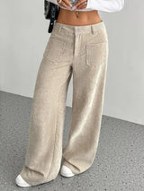 Damen Weite Hose mit Hohem Bund Knopfverschluss und Aufgesetzten Taschen – Khaki