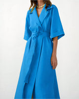 Damen Wickel-Midikleid mit Reverskragen, Weiten Ärmeln und Taillenband – Blau
