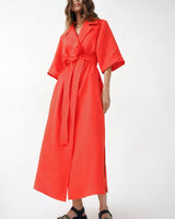 Damen Wickel-Midikleid mit Reverskragen, Weiten Ärmeln und Taillenband – Orange