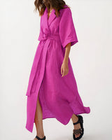 Damen Wickel-Midikleid mit Reverskragen, Weiten Ärmeln und Taillenband – Fuchsia