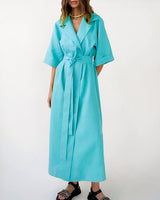 Damen Wickel-Midikleid mit Reverskragen, Weiten Ärmeln und Taillenband – Türkis