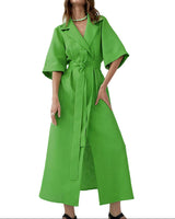 Damen Wickel-Midikleid mit Reverskragen, Weiten Ärmeln und Taillenband – Grün