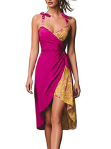 Damen-Wickelkleid mit floralem Kontrastmuster, Bindeträgern und asymmetrischem Saum – Magenta Gelb